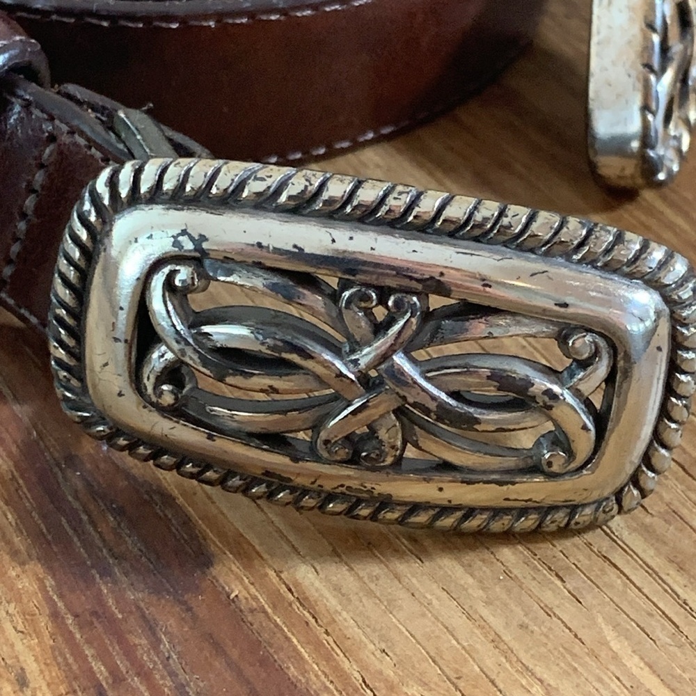 Brighton | Vintage 1995 Brown Leather Silver Celtic Knot Scroll Buckle Belt L - Picture 4 of 14